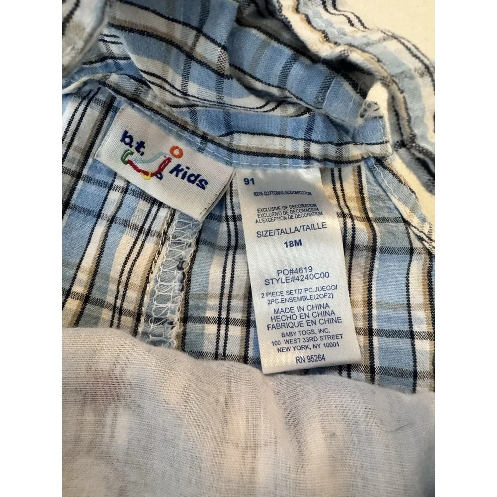 Vintage B.T. Kids Boys Plaid Blue Overalls Puppy Size 18‎ Months